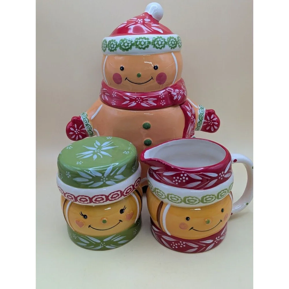 Temp-tations Gingerbread Man Cookie Jar Creamer Sugar Bowl Set Christmas Holiday